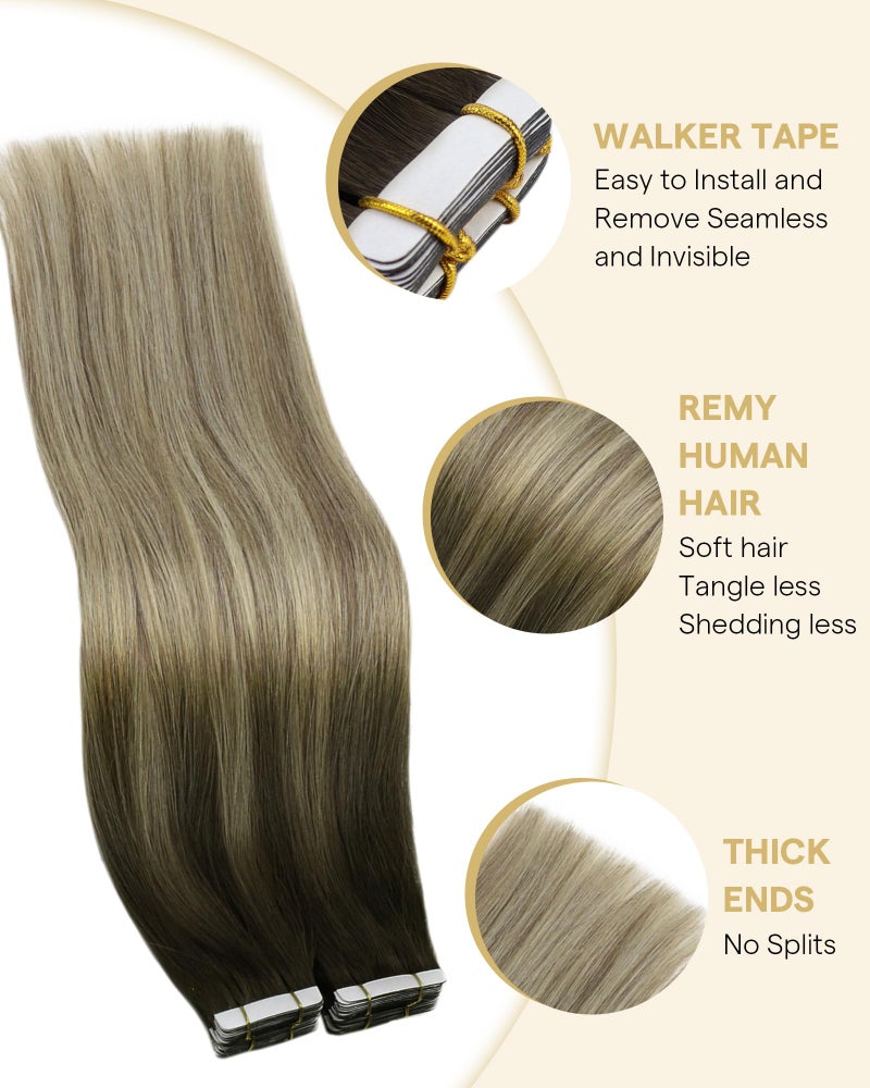 Ve Sunny Tape in Hair Extensions Real Human Hair Invisible Remy Human Hair Straight Tape Ins Double Sided Dark Brown Balayage Dark Golden Blonde Highlight Platinum Blonde 22 inch 10Pcs 25G - Image 2